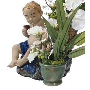 Asian Cherub Baby Mudman Pottery Double Bamboo Basket Planter Faux Orchids